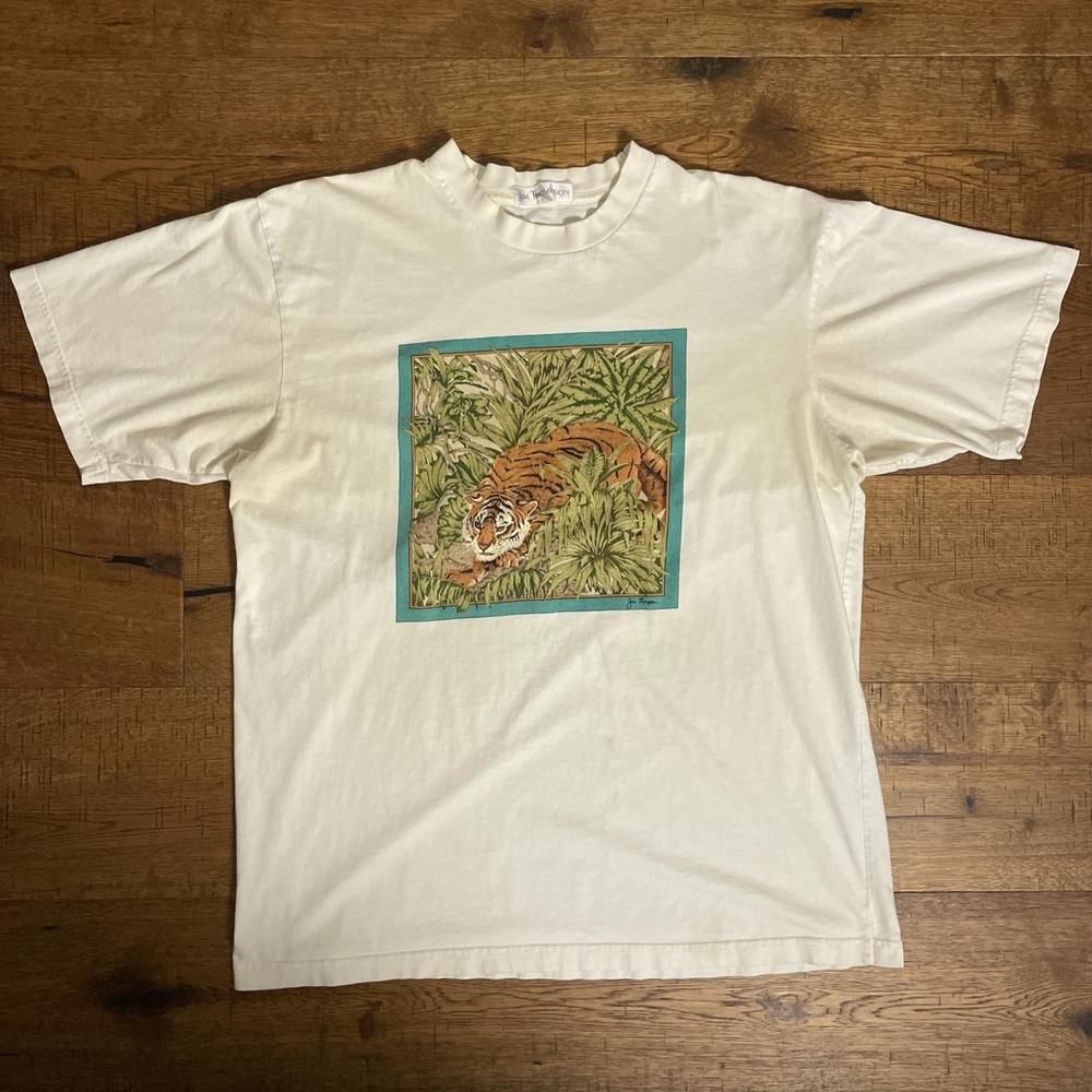 Jim Thompson T-Shirt Mens L White Vintage 90s Retro Jungle Tiger Wildlife Art